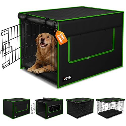 GUYISS Dog Crate Cover, 900D Waterproof Oxford Cloth, Indoor Outdoor Kennel Cover for 24/30/36/38/42/48/54 Inch Dog Crates, Full Mesh Top Viewing Window,Can be Rolled Up on All Four Sides. (Black)