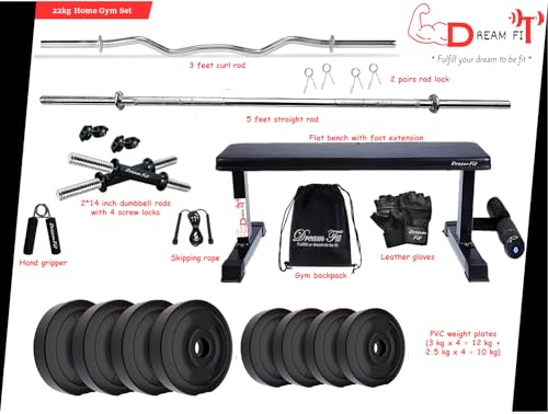 Image of DREAM FIT PVC Home Gym Set - 22 kg with 1 Flat Bench with Foot Extension, 3 ft Curling Rod, 5 ft Straight Rod, 1 Pair Dumbbell rods and Gym Accessories (22kg)