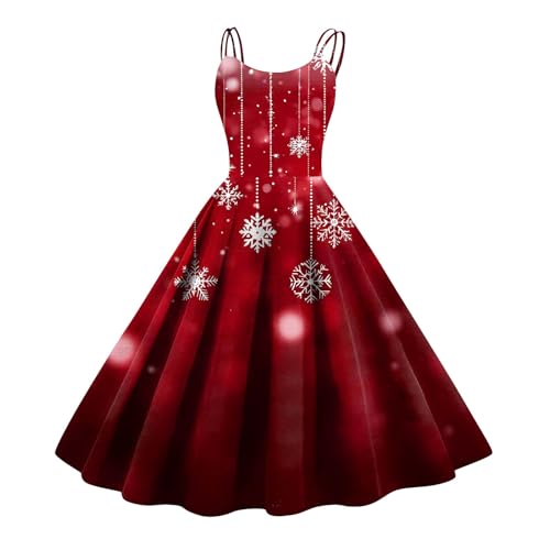 Weihnachten Kleider Festlich Hohe Taille Abendkleid Blumendruck Petticoat Kleid Vintage Swing Ballkleid Rockabilly Partykleid Elegant Spaghettiträger...