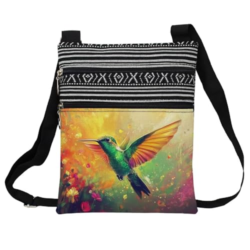 Floral Hummingbird Messenger Bag Small Ethnic Pattern Printed Adjustable Strap Crossbody Zipper Bag Floral Hummingbird Phone Bag Wallet Cute Shoulder Handbag for Women Friends -4