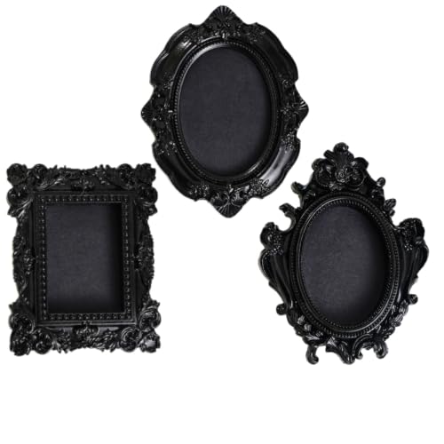 Image of Vintage Decorative Mini Picture Frames Set, Black with Gold Accents, 3 Pack Antique Style Resin Photo Frames for Wall Display, DIY Jewelry, Photography (Black)