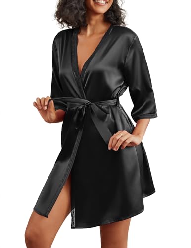 Ekouaer Women's Satin Robes 3/4 Sleeve Silk Robes Short Kimono Sexy Bride Bathrobes Lace Trim Loungewear with Pockets