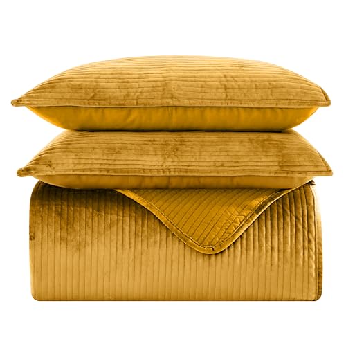 Elegant Comfort Luxury 3-Piece Velvet Corduroy Stripe Quilt Set, Ultra Soft Bedspread - Cozy Velvet Coverlet Set - 3PC Medium Weight Quilted Set with Matching Pillow Shams, King, Gold