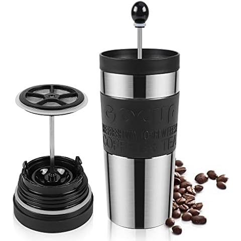Opard French Press Travel Mug 360°Drinking Leakproof Lid Double-Walled Vacuum Insulated Stainless Steel Thermos Travel Mugs for Hot Drinks Men and Women (Black) Cover