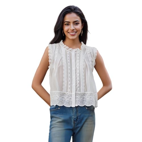 Image of Women Eyelet Lace Trim Tank Tops Loose Round Neck Sleeveless Button-up Vest Causal Summer Crop Top Y2K Streetwear (White, M)