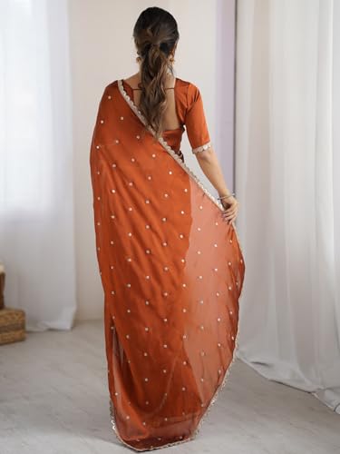 Image of AKHILAM Women's Pure Georgette Embroidered Saree With Unstitched Blouse Piece