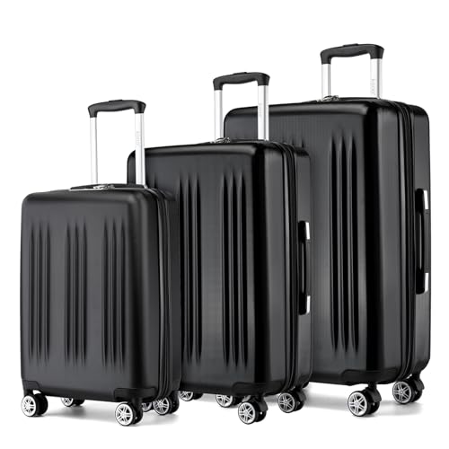 Image of Kono 3 Piece Expandable Luggage Set 20 /24 /28inch Suitcases for Long Travel | Lightweight PC+ABS hardshell suitcases set with TSA locks, 360 silent spinner wheels, expandable design, Black