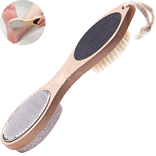 Ibnotuiy Wooden Handle 4-in-1 Multi-Use Foot Care Brush Pumice Metal Emery File Scrubber Pedicure Tool