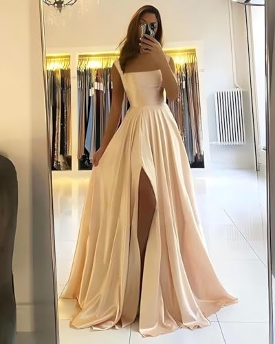 Spaghetti Straps Prom Dresses with Slit A-line Long Pleated Satin Bridesmaid Dresses with Pockets4