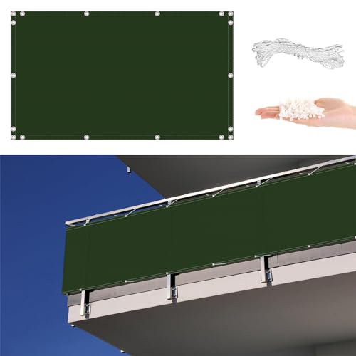 Balcón de 3 m x 4 m, protección resistente contra el viento y los rayos UV, jardín con ojales, bridas de nailon y cordón, cubierta de balcón para valla de patio, color verde oscuro