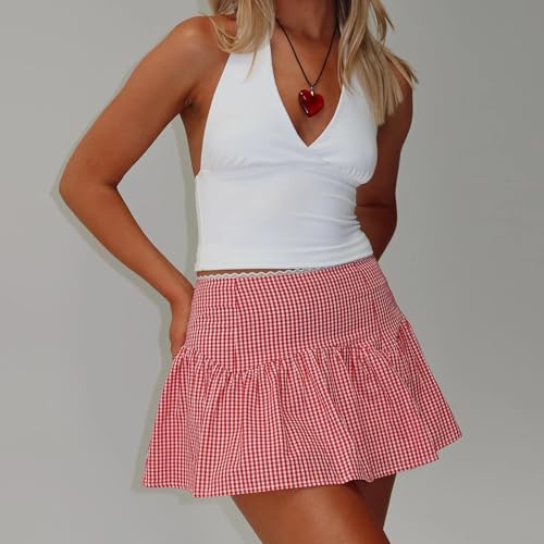 Women Gingham Mini Skirt A Line Pleated Short Skirts Lace Trim Mini Plaid Skirt Halloween Holiday Short Skirts2