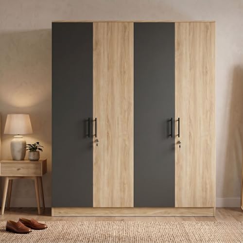 Image of FFO Tokyo 4 Door Wooden Wardrobe for Bedroom with Hanging Rod, Shelves & Lock | Modern Clothes Storage Almirah /Cabinet with Black & Milok Wood | Wardrobe Organizer for Clothes, Dresses DIY.