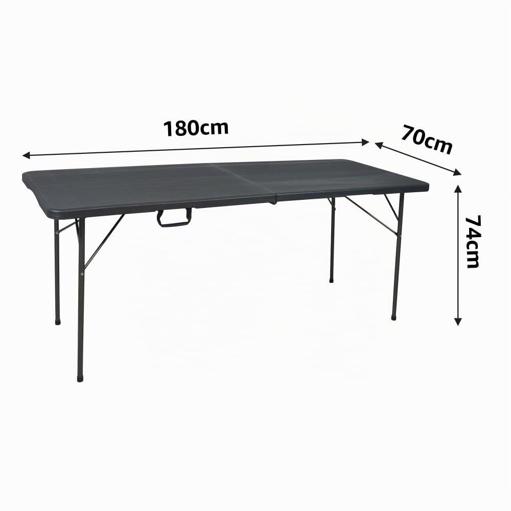 RONDY Table Pliante Noir - Table de Jardin - Table Pliante de Camping - Imitation Bois - Capacité 8 Personnes - poignée de Transport