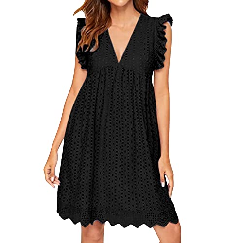 Générique Robe d'été à Manches Courtes pour Femmes Tenue décontractée avec Short intégré élégante Robe à col en V à Manches volantées Dentelle Jacquard Couleur Unie Robe Ample avec Poches (Noir, M)