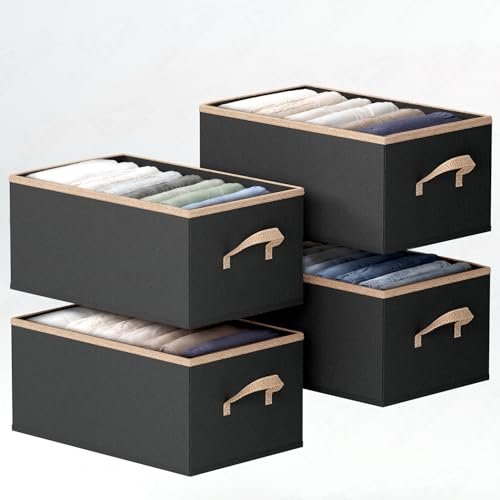 Image of Lukzer 4Pc's Black Foldable Clothes Organiser Storage Box Stackable Space-Saving Wardrobe Organizer for Storage with Handles & Rust-Free Multipurpose Organizers Basket for Almirah Cupboard Pants Jeans