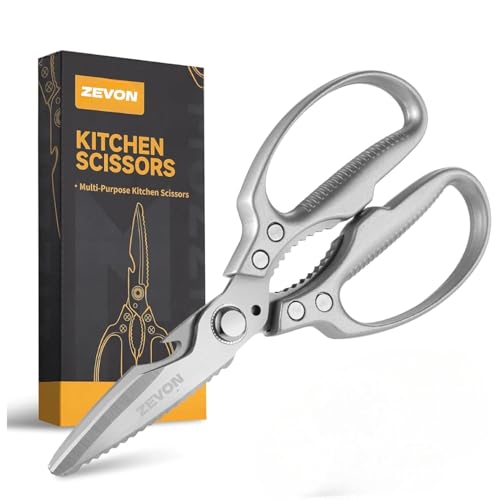 Image of ZEVON Kitchen Scissors | Heavy Duty Stainless Steel Kitchen Shears | Dishwasher Safe Food Scissors, Non Slip Sharp Cooking Scissors for Kitchen, Chicken, Poultry, Fish, Meat, Herbs-Sliver