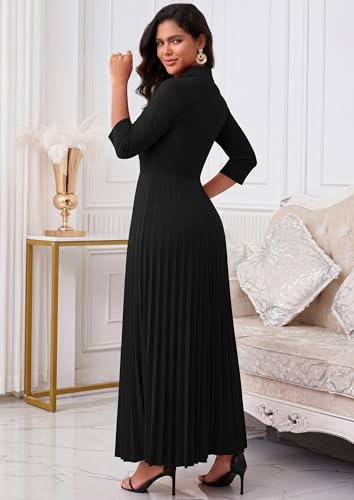 Image of FANDEE Maxi Dress for Women Formal 3 /4 Sleeve Pleated Empire Long Dress Semi Formal Tie Neck Office Work Dresses