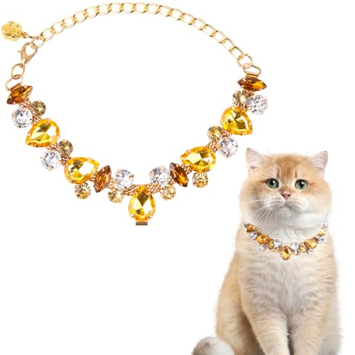 Image of HOWWFALY Dog Collar and Cat Collar Gold Chain Necklace Stainless Steel Adjustable Yellow Diamonds Collar with Cute Pet Paw for Small Medium Pets Cats Dogs Kitten Puppy