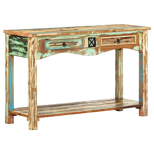 Vidaxl Tavolo Consolle In Legno Massello Di Recupero Robusto Stile Retrò Vintage Con Cassetti Tavolino Salotto Servizio Lucidato 120X40X75 Cm