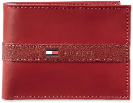 Tommy Hilfiger Men's Leather Wallet - Thin Sleek Casual Bifold with 6 Credit Card Pockets and Removable ID Window, Red, One size