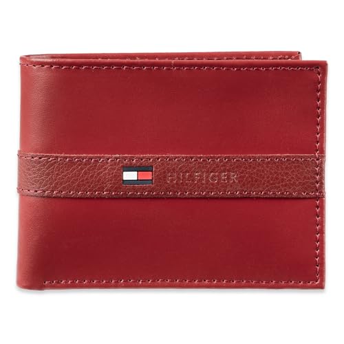 Tommy Hilfiger Carteira masculina clássica dobrável com janela para identidade e vários compartimentos para cartão, Vermelho, tamanho nico