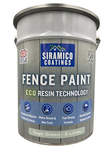 SIRAMICO COATINGS Fence Paint | 5 Litres | Waterbased ECO Resin Technology | 6 Luxury Colours | Smooth Matt Finish for outdoor wood protection | 10 Year Colour Guarantee (Sage Green)