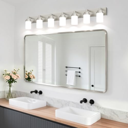 Image of Bathroom Light Fixtures, Brushed Nickel Bathroom Lighting Fixtures Over Mirror, Modern Vanity Light with White Glass Shade, Restroom Lighting Fixtures, 7-Light 54-inch