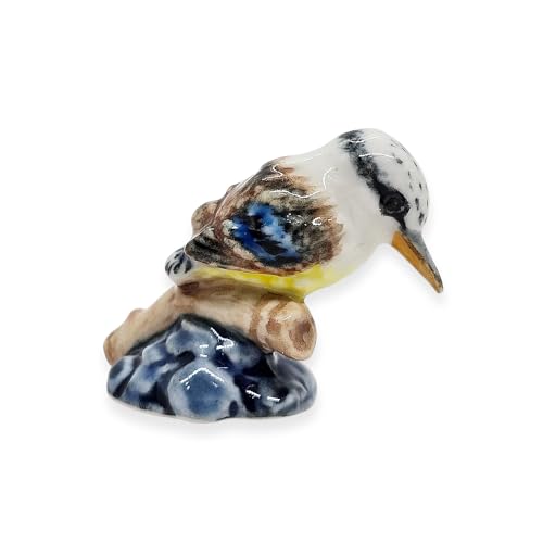 WitnyStore Tiny 1¼" Multicolor Kookaburra on Branch Kingfisher Bird Figurine - Miniature Hand Made Ceramic Birds Aves Colorful Porcelain Feathered Animal Cute Decorative Collectible Figure Décor Gifts