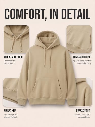 Image of NOBERO Oversized Solid Hooded Sweatshirt for Men | Oversized Hoodie for Men | Hooded Pullover | Cotton Rich Printed Hoodie 280 GSM Fleece