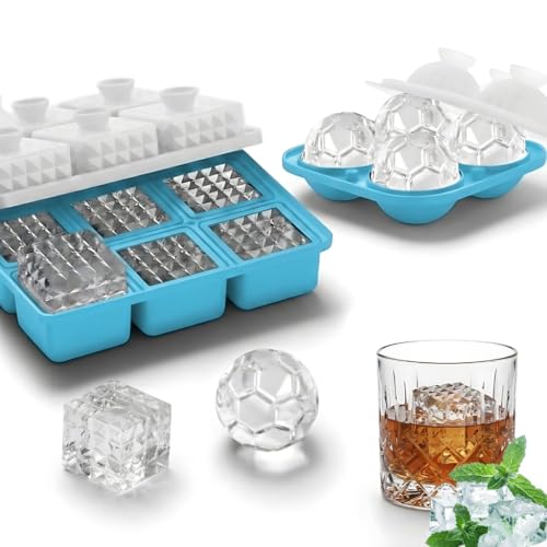 Image of Premium Combo of Large 3D Crystal Square Ice Cube Tray & Football Shaped Silicone Molds for Chilling Drinks, Chocolates, Juice, Jelly and Many More. Pack of 2 (Light Blue)