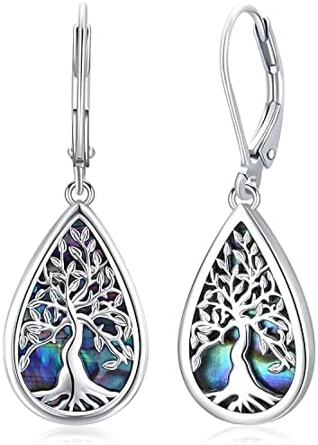 Tree-of-Life-Dangle-Earrings for Women, S925 Sterling Silver Fashion Drop Hook Jewelry Gift (Abalone Shell-A)