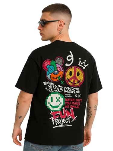 Image of Veirdo Cotton Drop Shoulder Round Neck Oversized Baggy Fit Front & Back Graphic Printed Half Sleeve T-Shirt Men (Available in from S to 2XL)