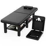 Folding Stationary Massage Table with Backrest and Storage Space for Treatment Table Physical Therapy Table Spa Facial Bed, 6 Square legs Metal Frame PU Leather, 30.5'' Wide × 75'' Long - Black