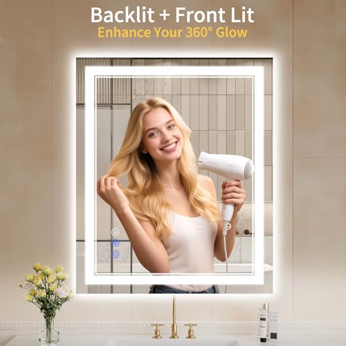 Image of 30 inchx38 inch LED Bathroom Mirror with Lights, Anti-Fog, Backlit + Front Lit, Dimmable, Led Vanity Mirror for Wall, Lighted Bathroom Mirror, 3 Colors, Shatter-Proof Tempered Glass