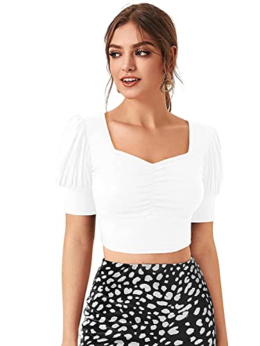 Image of Istyle Can Sweetheart Neck Ruched Front Puff Sleeve /Half Sleeve Streachable Solid /Plain Slim Fit Crop top for Women | Women's Slim FIT Crop TOP | Tops for Women