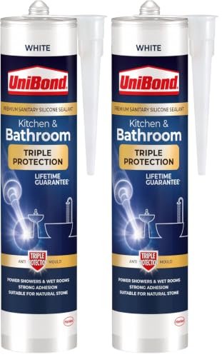 Image of UniBond Triple Protection Anti Mould Silicone Sealant For Kitchen & Bathrooms, White Sealant Repels, Kills and Prevents Mould Growth, Long-Lasting Shower Silicone, 1x291g Cartridge (Pack of 2)