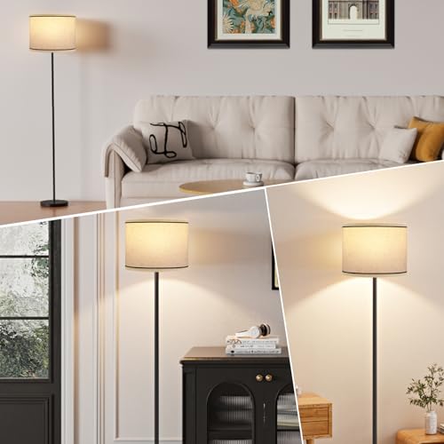 Image of Ambimall 60'' Modern Floor Lamp with Shade, Tall Lamps for Living Room, Bedroom, Office, Dining Room, Beige Lampshade with Black Stripes(Without Bulb)