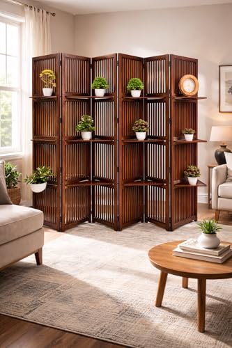 Image of Wooden Partition Divider for Living Room, Partition Wall, Privacy Divider, Freestanding Folding Panels for (6 Feet 5 Panel with 3 Shelve) (6 Feet 6 Panel Brown Melamine with Shelves)