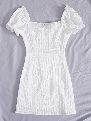 Floerns Women's Sweetheart Neck Puff Sleeve Ruch Frill Trim Tie Front Mini Dress White M - Image 3