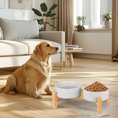 2er Set Hundenapf Keramik, Hundenapf Set Erhöht Hundenapf, 850ml Doppel Futternapf Hund mit Bambus Ständer, für Kleine und Mittelgroße Hunde, rutschfest Futterstation, Fressnapf Hund und Wassernapf