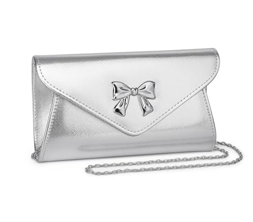MUDUO Metal Bow Women Clutch Purse Fashion PU leather handbag/shoulder bag for Wedding Party (Silver)