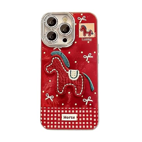 2026 Embroidered Pony Lanyard New Year Phone Case for iPhone 17/16/15/14/13/12 Plus Pro Max Series, Year of The Horse Cute Horse