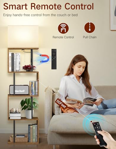 Image of 5-Tier Floor Lamp with Shelves & Remote, Dimmable S-Shaped Bookshelf with 3 Color Temperature, 1-Hour Timer, Tall Corner Standing Lamp for Living Room, Bedroom, Office (Rustic Brown)