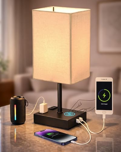 Image of Homesake Touch Table Lamp with USB A + Type C Charging Ports Dual AC Outlets, Touch Control, Medium Size, Bulb Included Night Stand, Bedside Desk Light Bedroom Living Room Office, (Khadi Rectangle)
