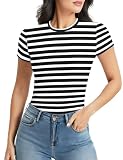 YumiDay Striped Shirt Women Short Sleeve(White/Black,M)