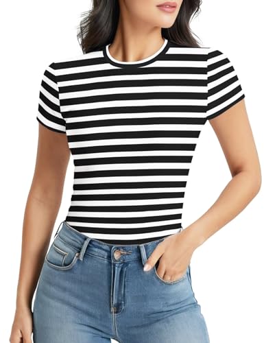 Striped Shirt Women Short Sleeve, Crewneck T-Shirts for Woman Stripes, Fitted Ribbed Tee Stretchy