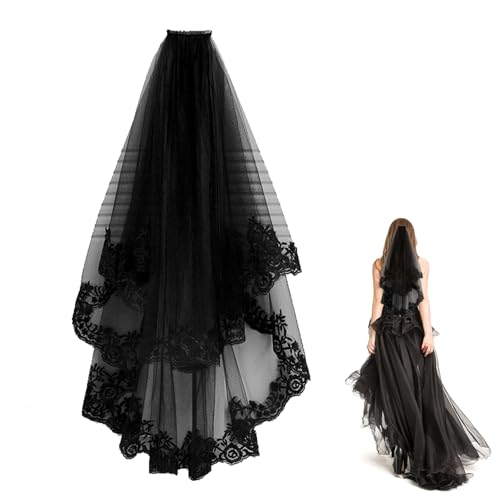 Wffeila Zwarte kanten sluier hoofdband bruidssluier bruidssluier 2 lagen Halloween haar zwarte heks kam sluier cosplay kostuum vintage sluier 80 cm, zwart, M, Zwart, M