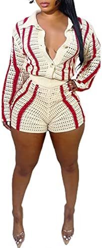 JUNBOON Womens 2 Piece Striped Outfits Sweater Sets Long Sleeve Cardigan Tops High Waisted Short Suits Casual Pajama Set