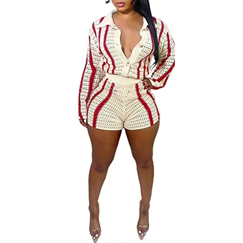 Junboon Womens 2 Piece Striped Outfits Sweater Sets Long Sleeve Cardigan Tops High Waisted Short Suits Casual Pajama Set #TOP2