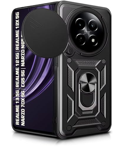Image of WOW IMAGINE Tough Armor Bumper Mobile Back Case for Realme 13 5G | Realme 12 5G | 12X 5G | Narzo 70x 5G | C65 5G | N65 | Sliding Camera Shield Cover | Hybrid PC + TPU | Ring Holder with Stand - Black